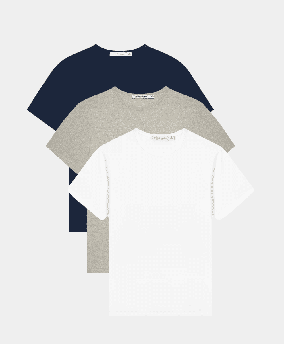 Set of three cotton crewneck t-shirts in navy, grey, and white.