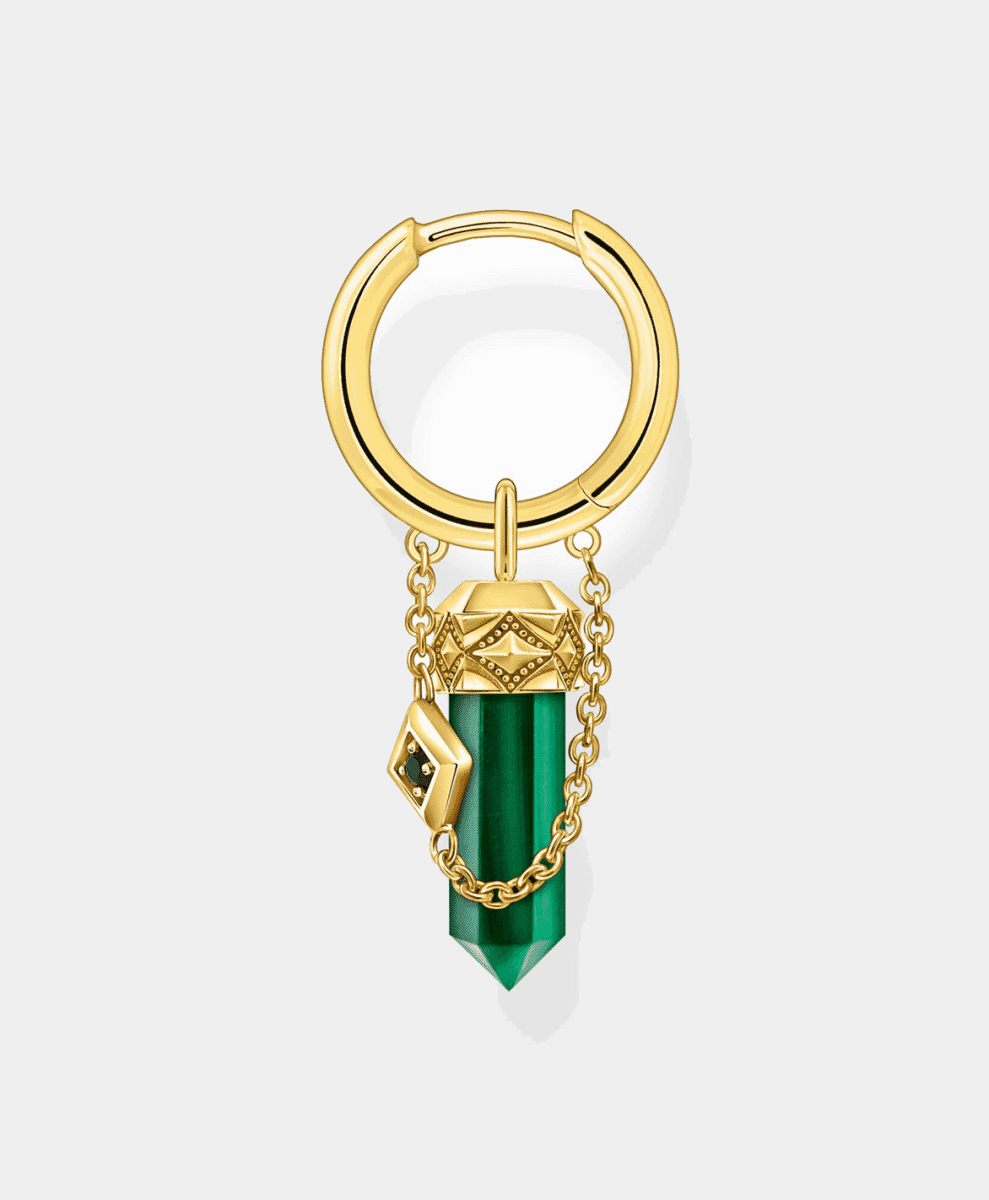 Gold hoop earring featuring a green malachite pendant with geometric gold details.