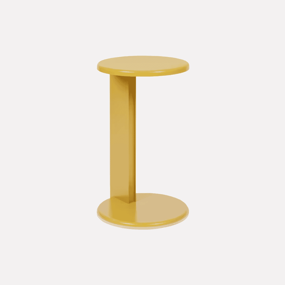 Minimalist yellow side table with a circular top and sleek modern design.