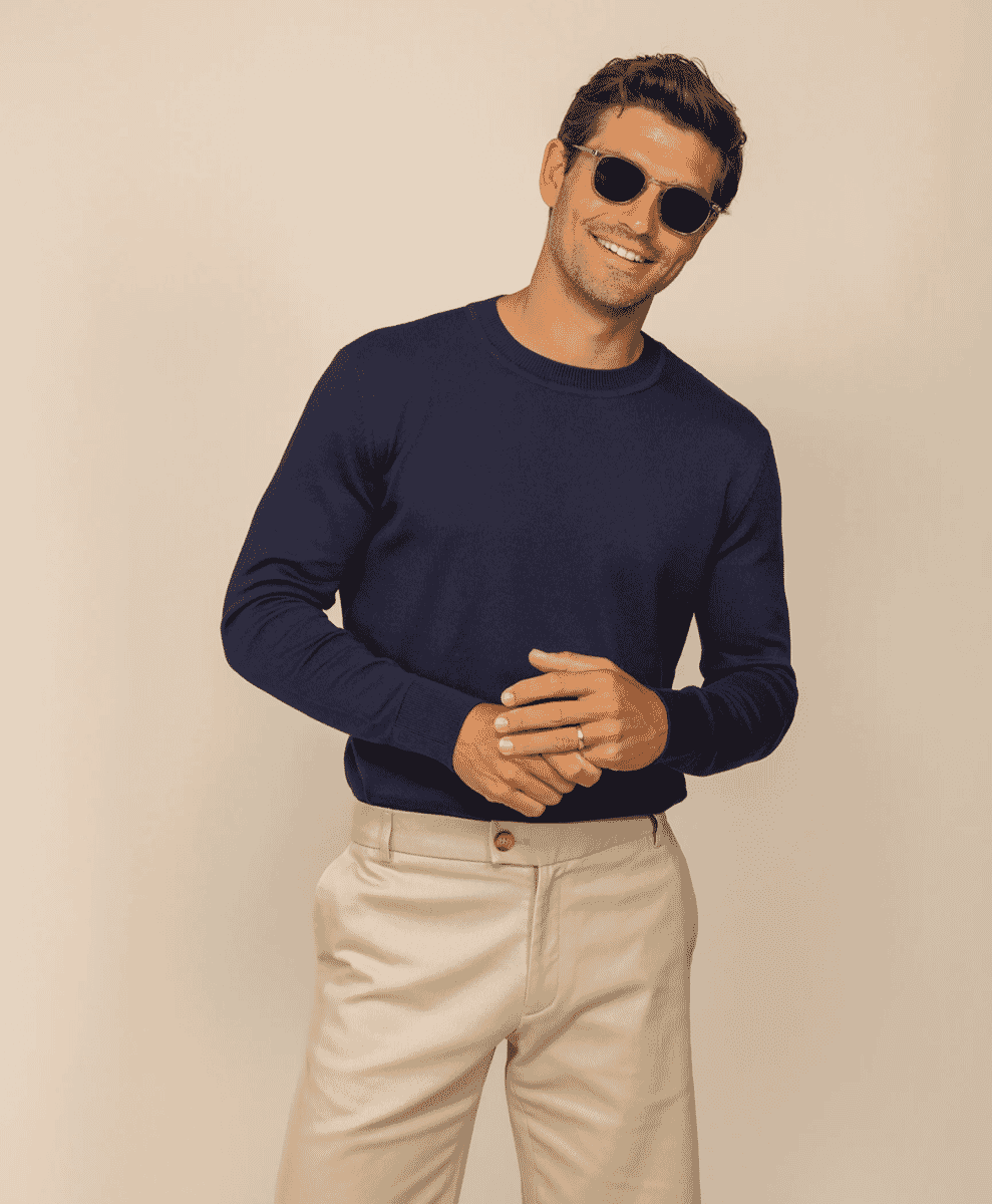 A man in a navy blue crewneck sweater and beige chinos with sunglasses.