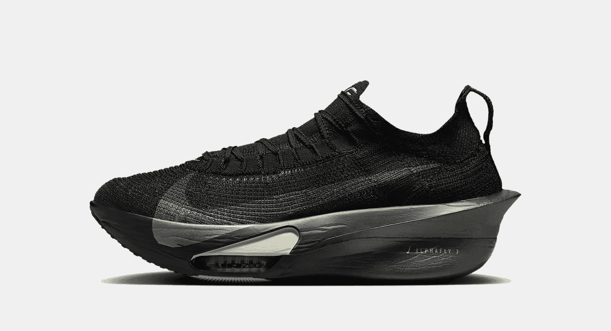 Side profile of a black Nike Alphafly 3 with knit upper and visible Air Zoom cushioning.