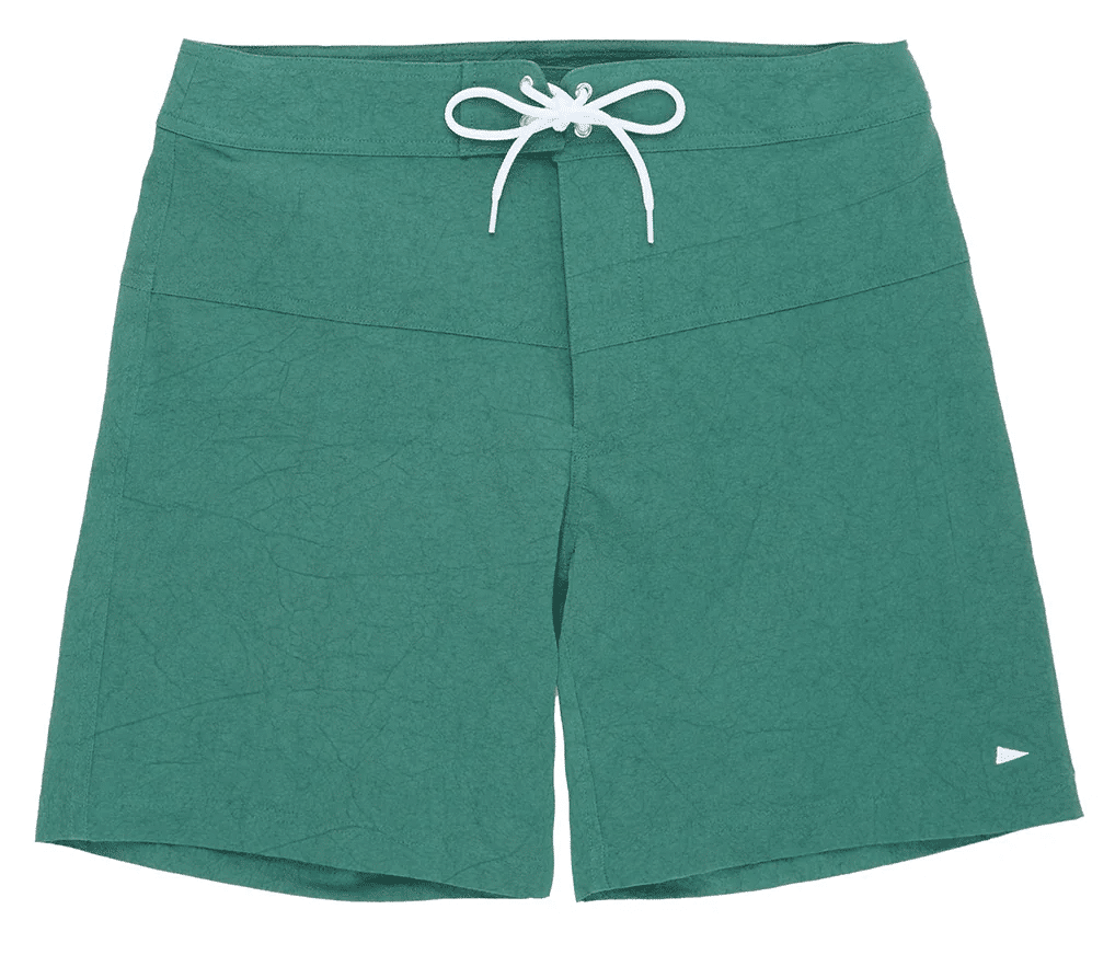 Green textured board shorts with a white drawstring waistband.