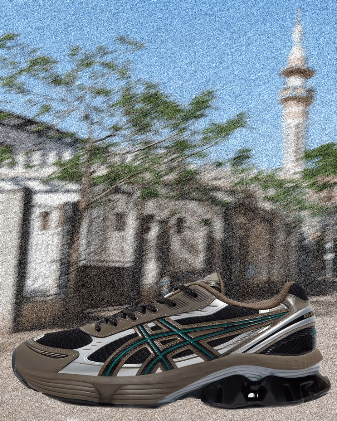 Beige, black, and teal Asics Gel-Kayano 20 with a prominent chunky sole design.