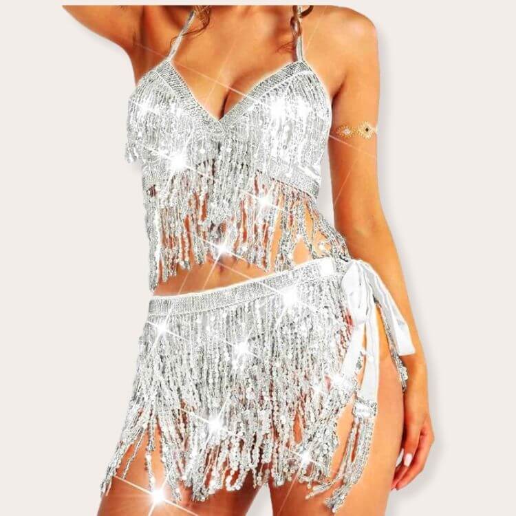 Silver sequin fringe costume set