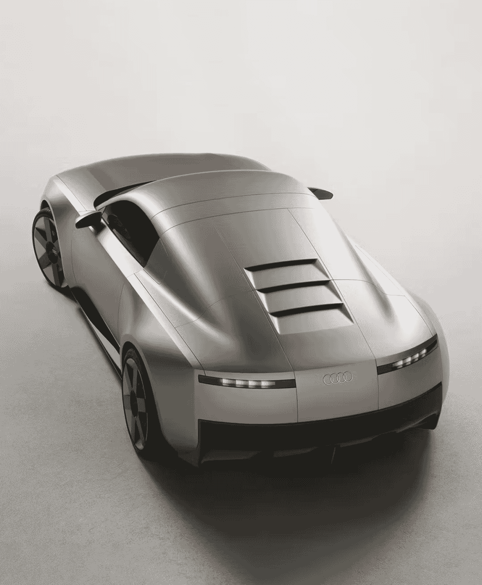 High-angle studio shot of the silver Audi showing its rear aerodynamic diffuser and vents.