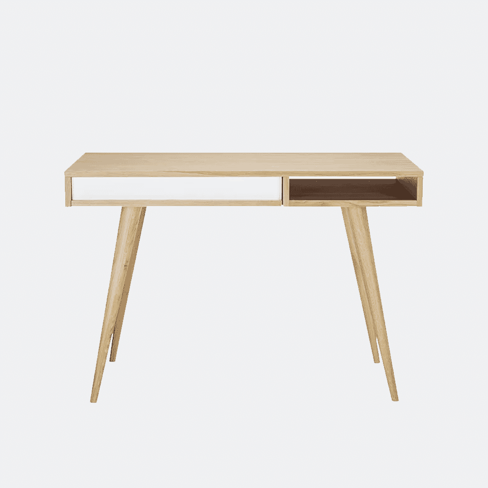 Compact Scandinavian desk with a light oak finish and a white drawer.