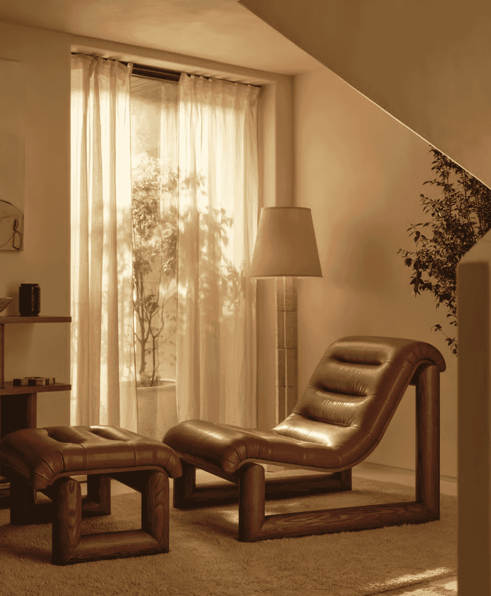 Sepia-toned living room with a leather chaise lounge and indoor plants, looking peaceful.