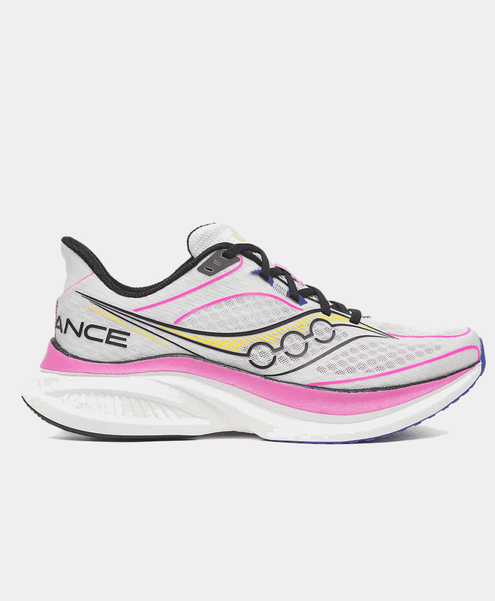 A white Saucony running shoe with vibrant pink and yellow accents on a white background.