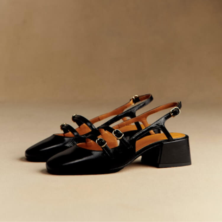 Sézane Strappy Mary Jane Heels with multiple delicate straps.