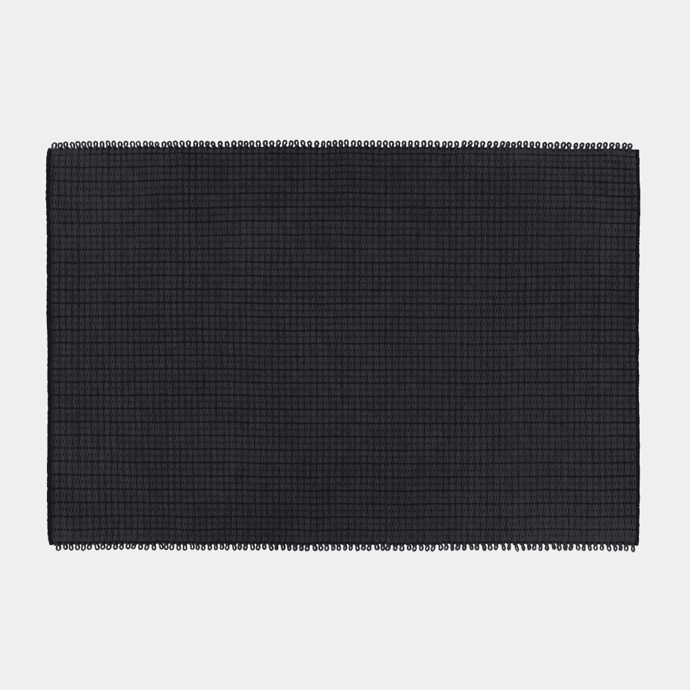 Black woven textile mat with a grid-like pattern and fringed edges.