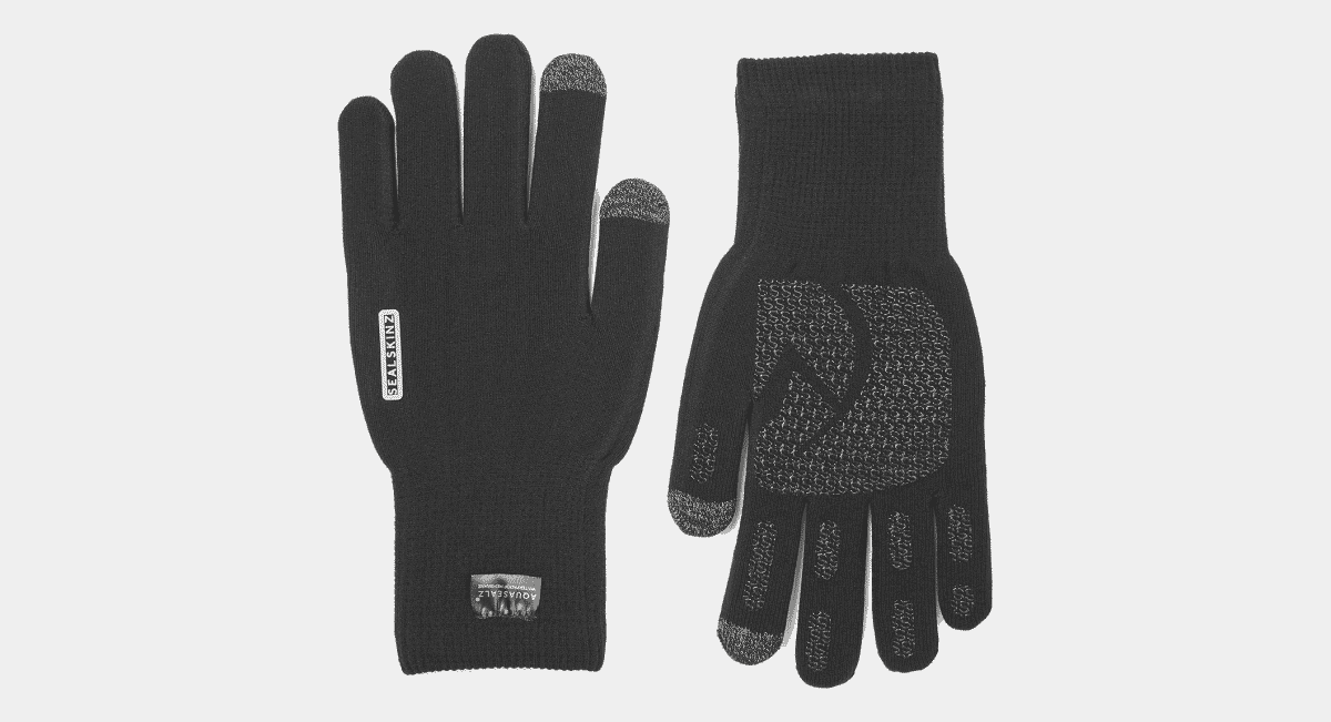 Pair of black technical touchscreen gloves with textured grip fingertips.