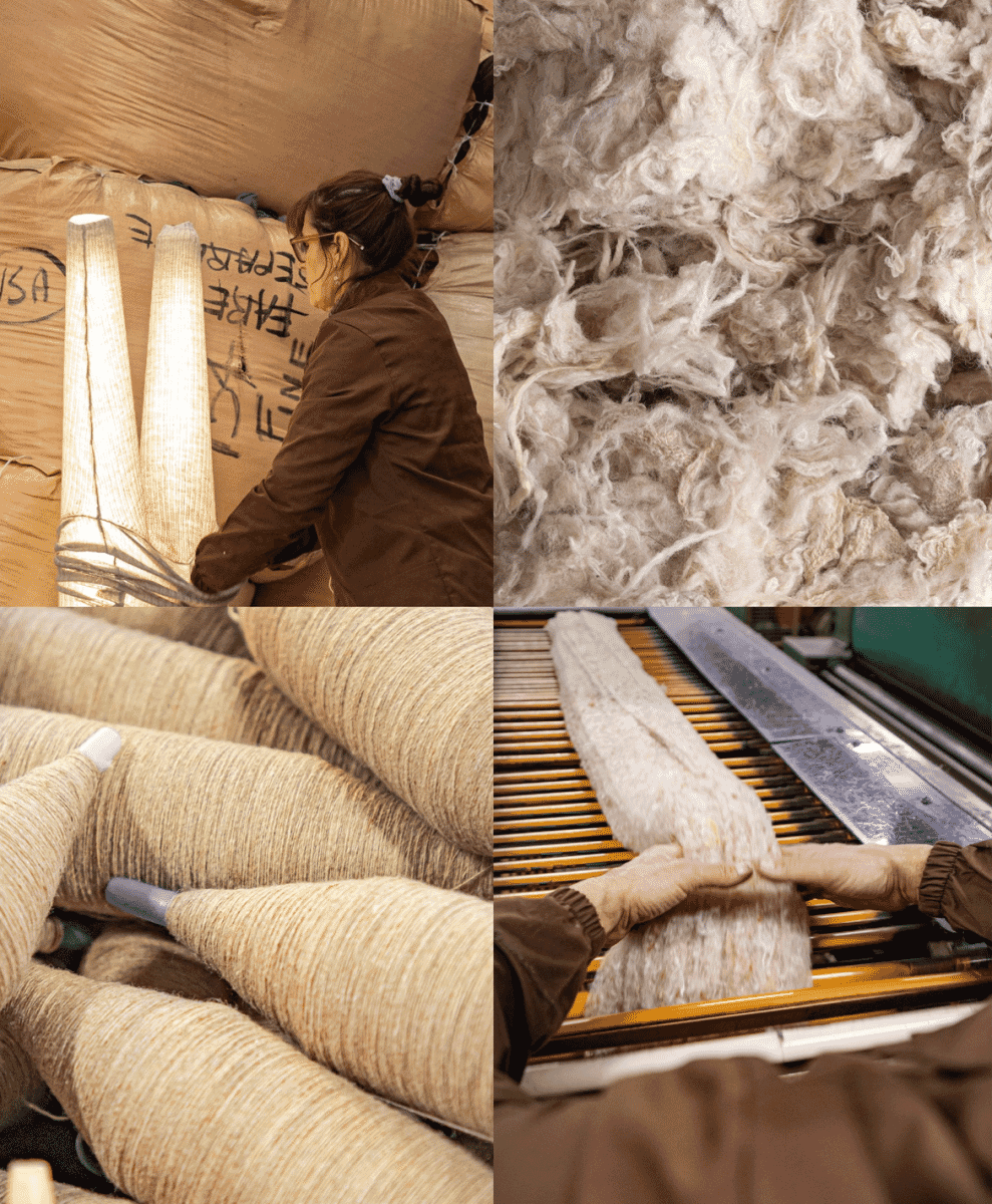 Collage of wool production showing raw fibers, spinning yarn, and factory workers