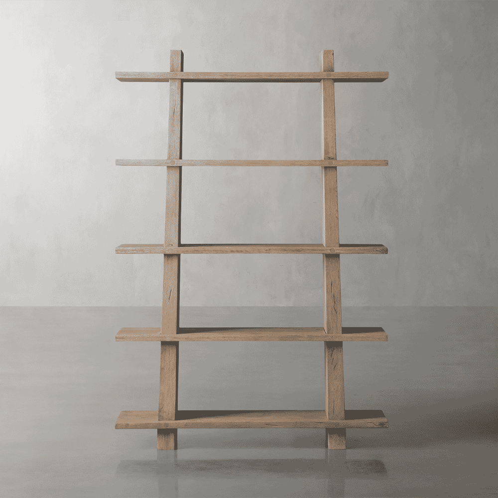 A minimalist light wood ladder-back bookshelf leaning against a neutral gray wall.