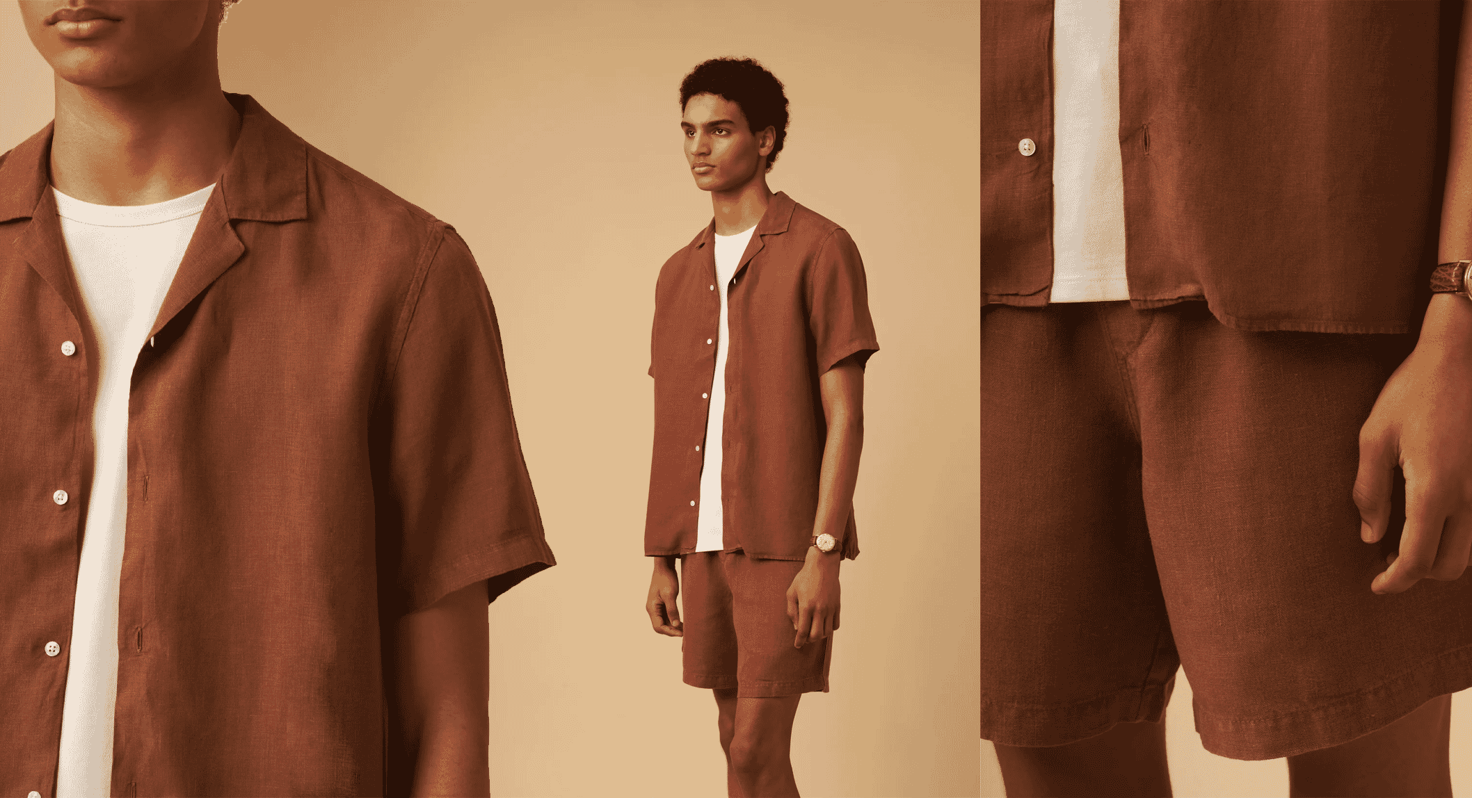 Full-body and close-up view of a man in a brown linen shirt and shorts set.