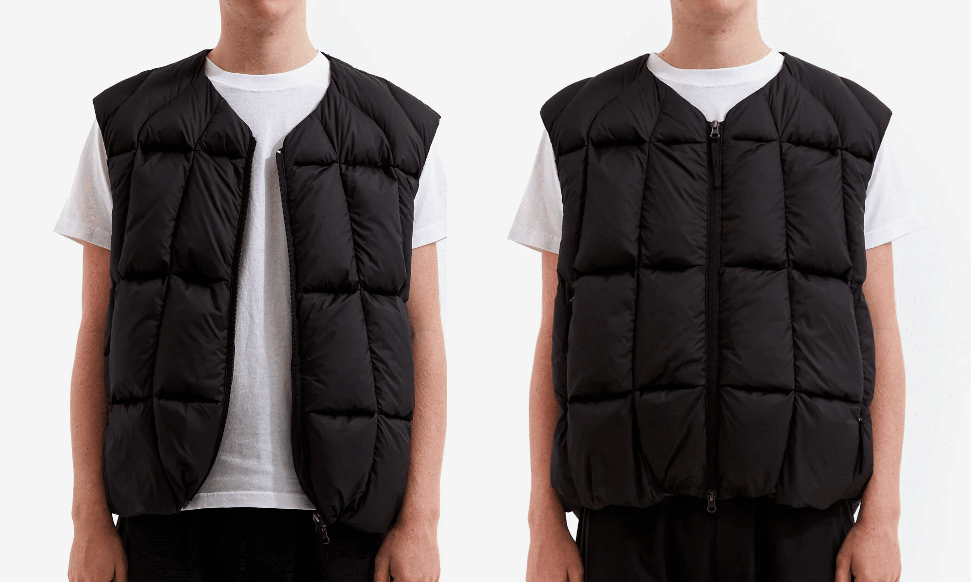 Front and side views of a black quilted puffer vest over a white t-shirt.