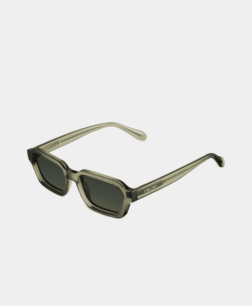 Transparent olive-green rectangular sunglasses with dark lenses.