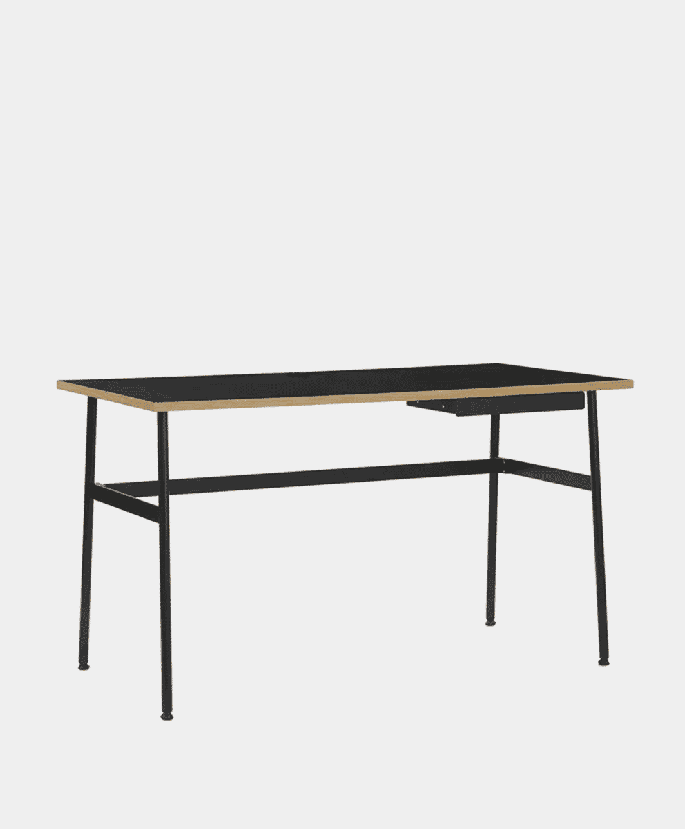 Modern black laminate desk with steel legs and a slim silhouette drawer.
