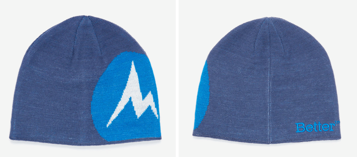 Blue knit beanie with a mountain logo and 'Better' branding displayed from multiple angles.
