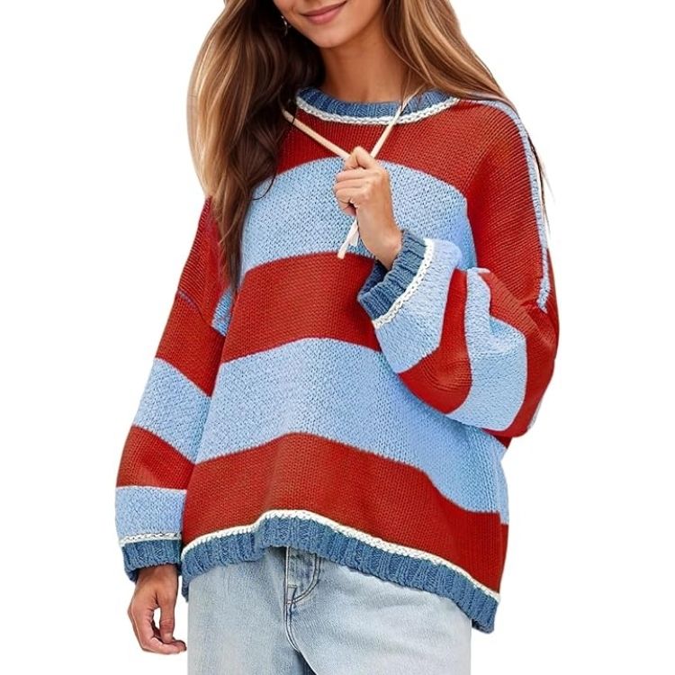 A thick chunky knit sweater with bold horizontal stripes