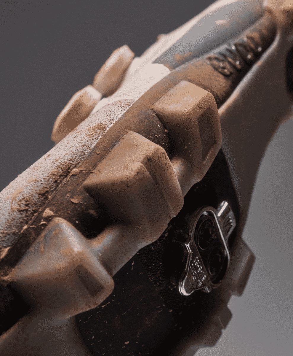 A muddy cycling shoe sole showing aggressive TPU tread and dirt accumulation.