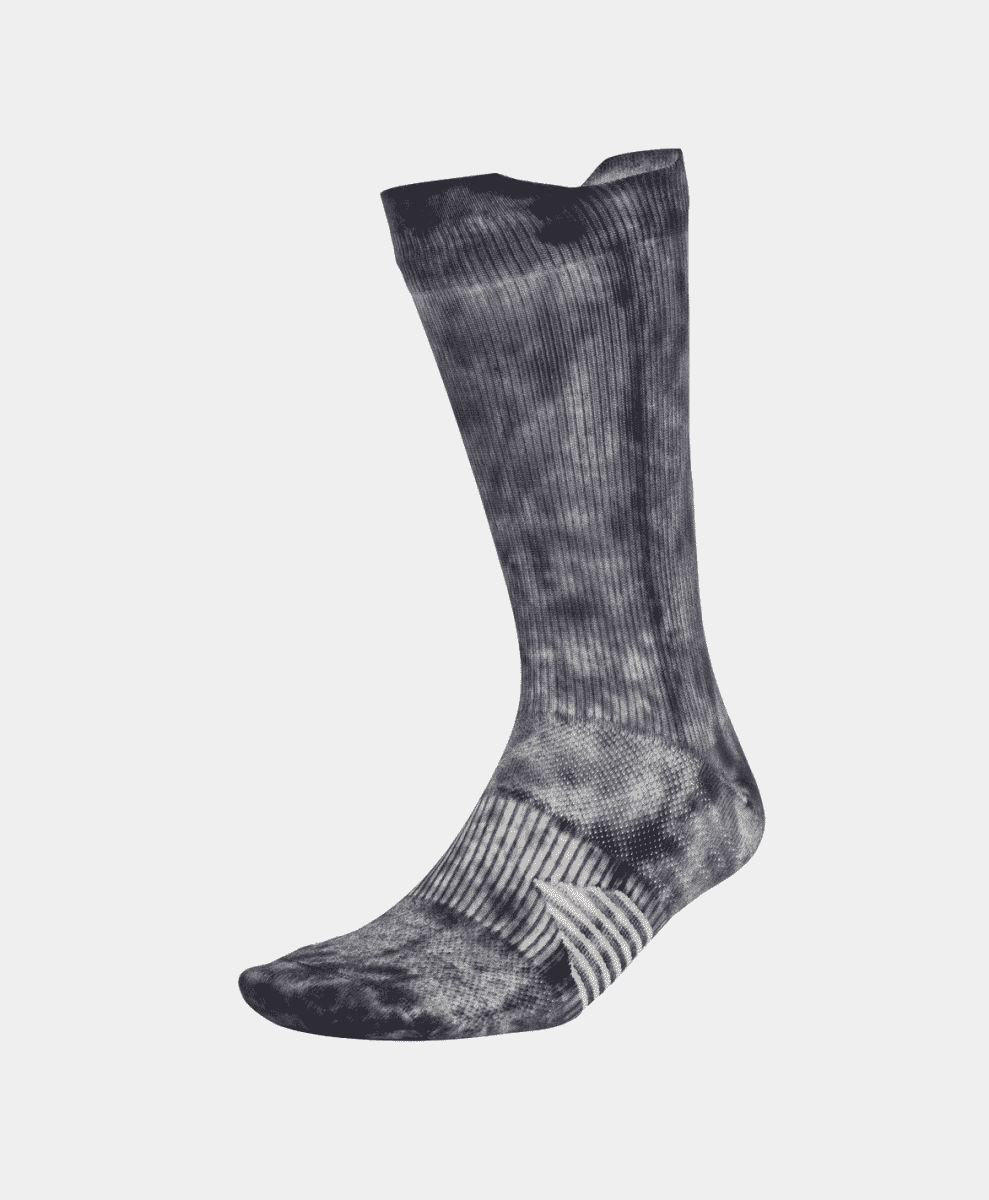 A grayscale tie-dye athletic sock with ribbed texture and reinforced zones.