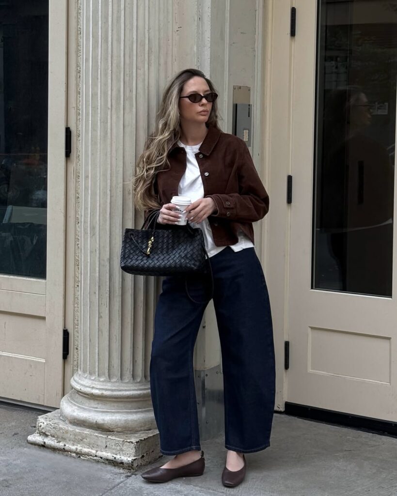 Street style fashion featuring barrel jeans paired with low-profile retro sneakers