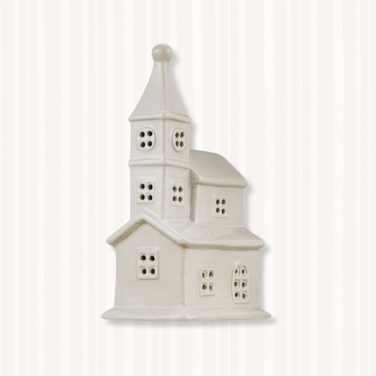 White ceramic church figurine with interior LED light.