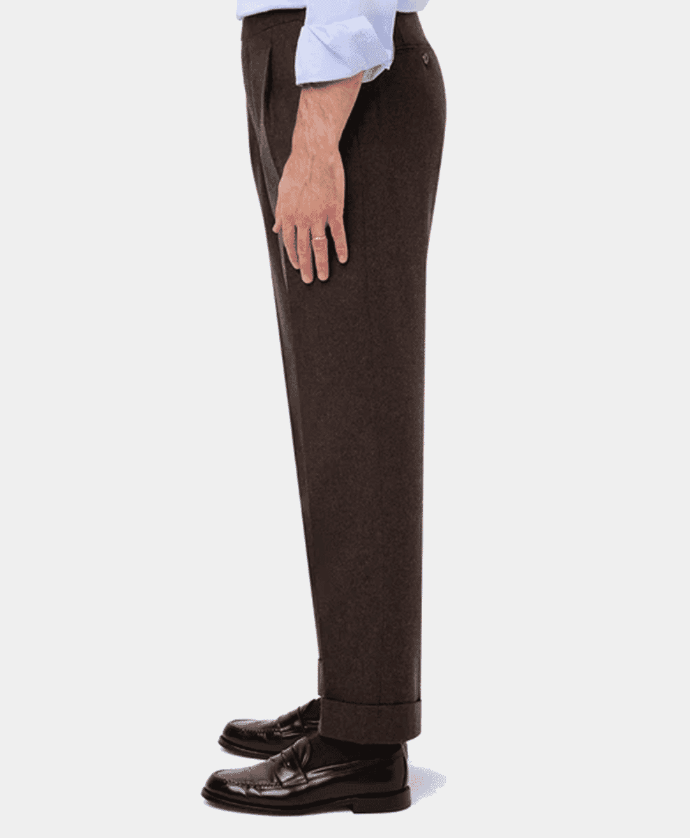 Profile shot of dark brown flannel trousers with a single pleat and cuff.