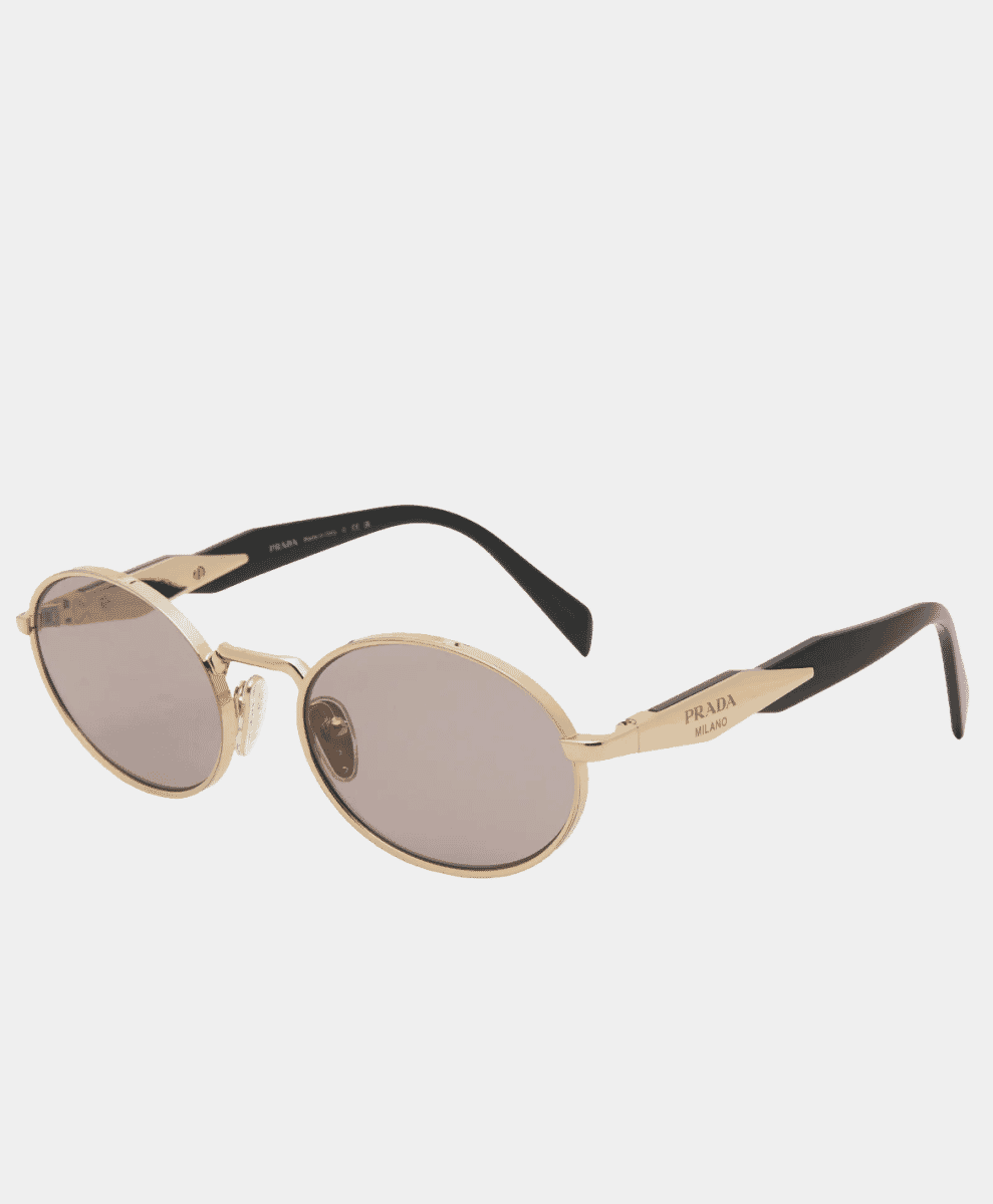 Gold-toned oval-frame Prada sunglasses with mirrored lenses.
