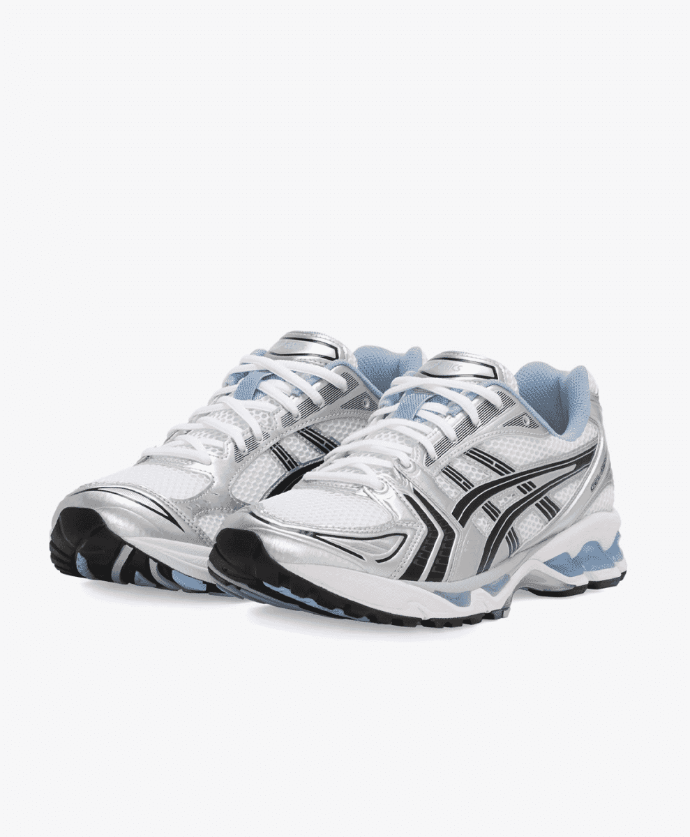 Side profile of the silver and light blue ASICS GEL-KAYANO 14 with metallic overlays.