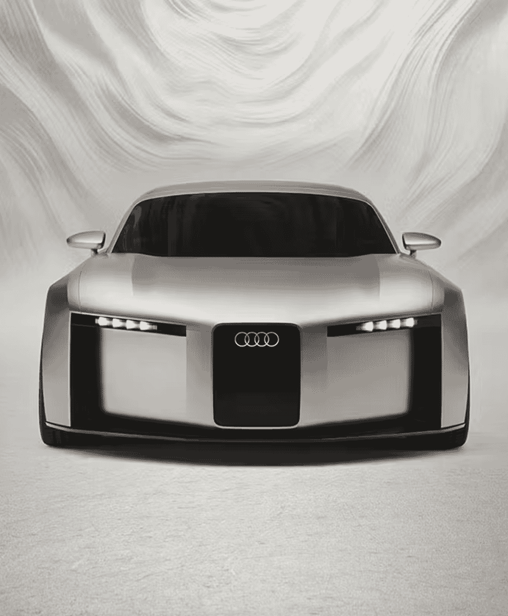 Minimalist front view of the Audi concept car with a focus on the black grille and narrow lighting.