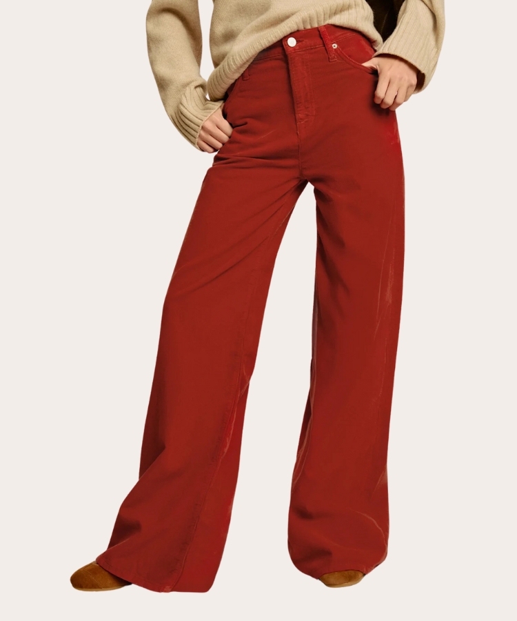 Burgundy corduroy pants with a straight-leg fit.