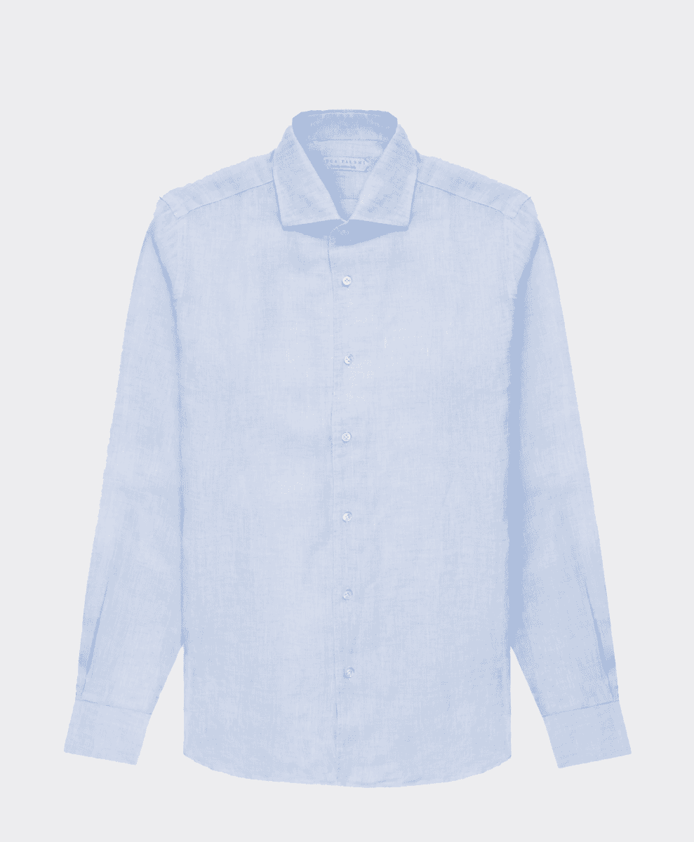 Flat lay of a light blue long-sleeved linen button-up shirt