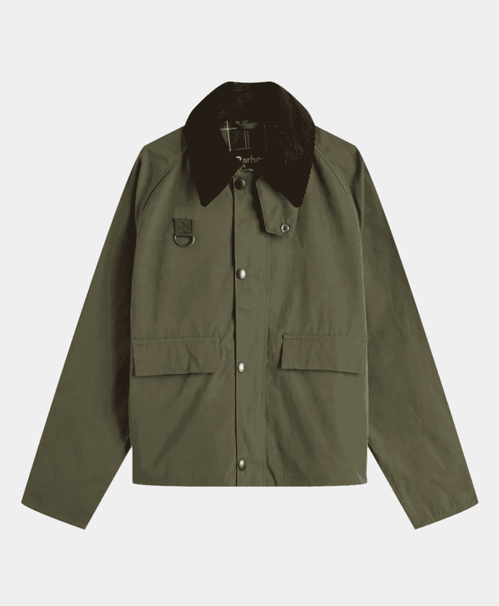 Olive green waxed cotton jacket with a dark collar displayed flat.