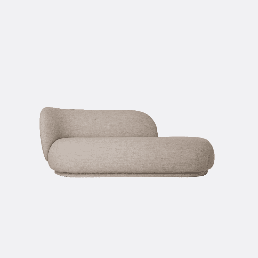 Minimalist beige fabric chaise lounge with smooth, serpentine organic curves.