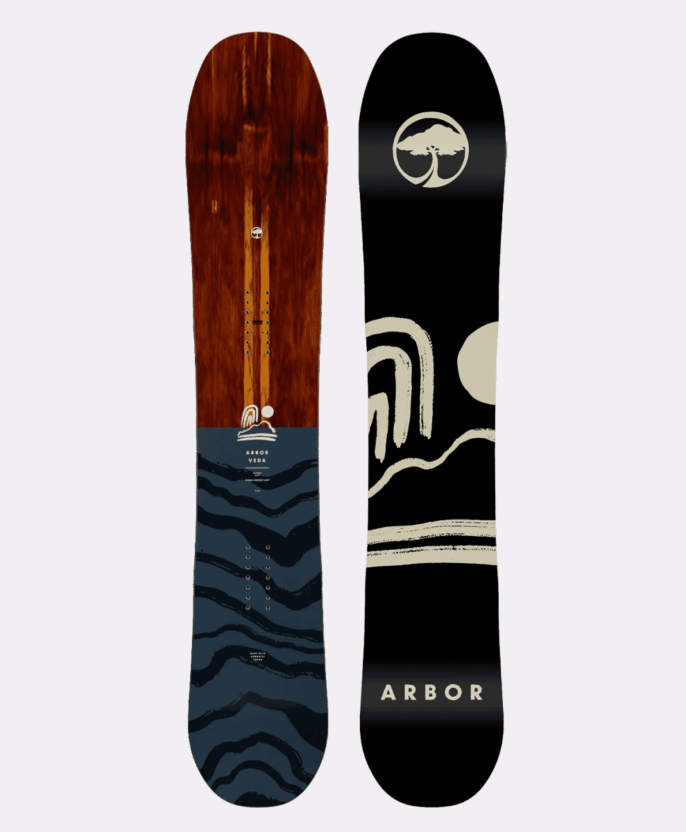 Two Arbor snowboards, one featuring a natural wood grain top sheet and the other with abstract graphics.