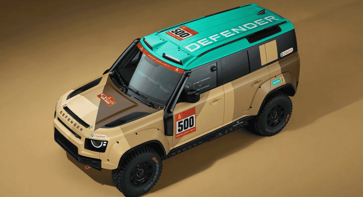 Rear quarter view of a customized Land Rover Defender rally car with racing number 500 and teal accents.