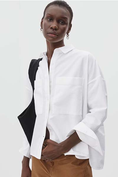 A crisp white Everlane Boxy Oxford shirt.
