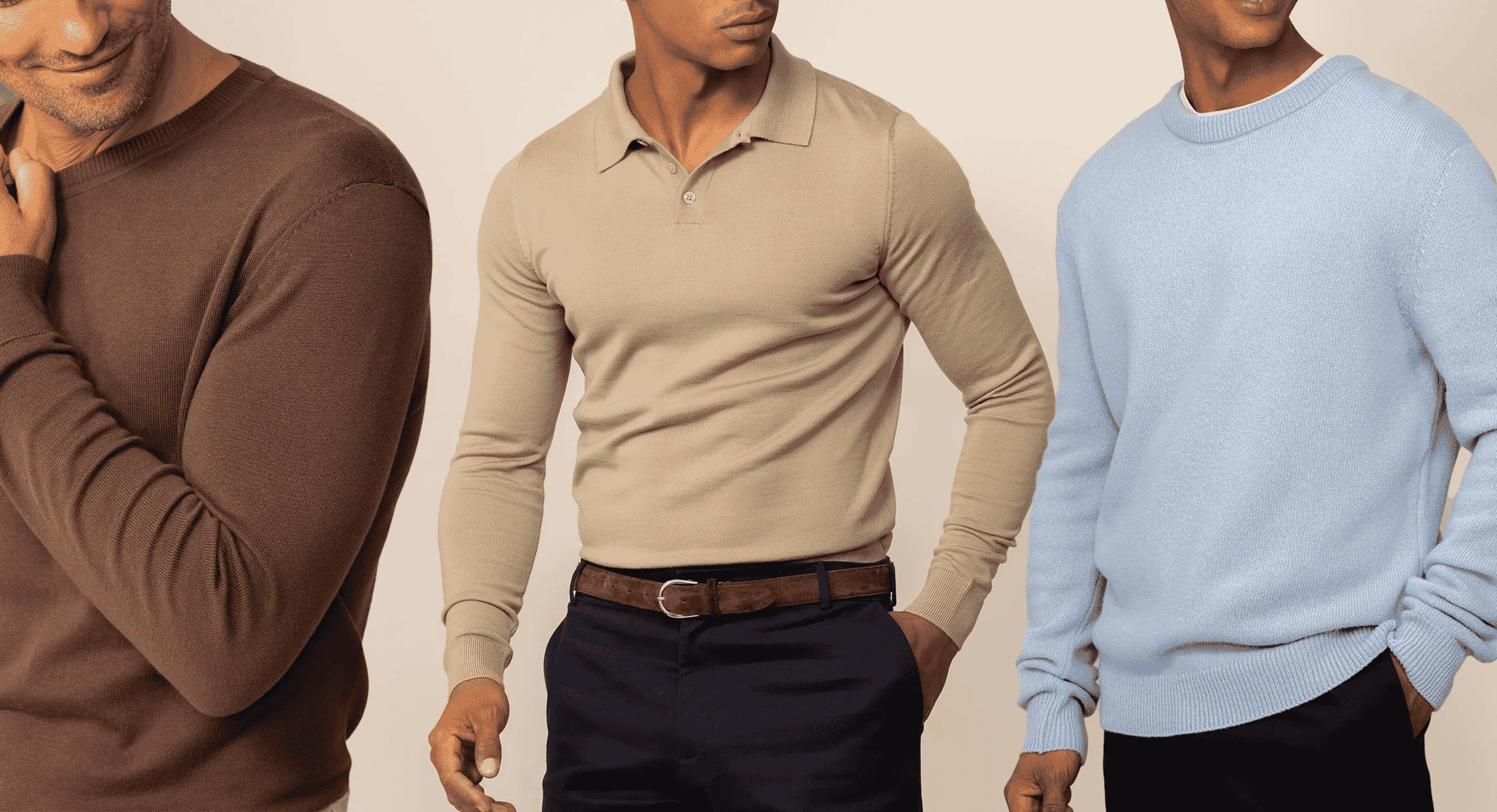 A group shot of three men wearing a brown crew neck, a beige polo knit, and a light blue sweater.