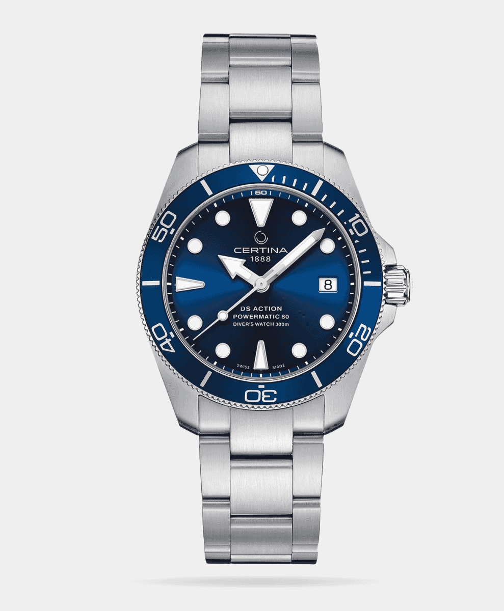 A Certina DS Action Powermatic 80 diver watch with a vibrant blue dial and stainless steel bracelet.