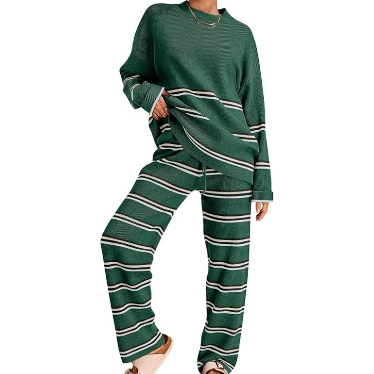 A matching striped knit sweater and lounge pants set