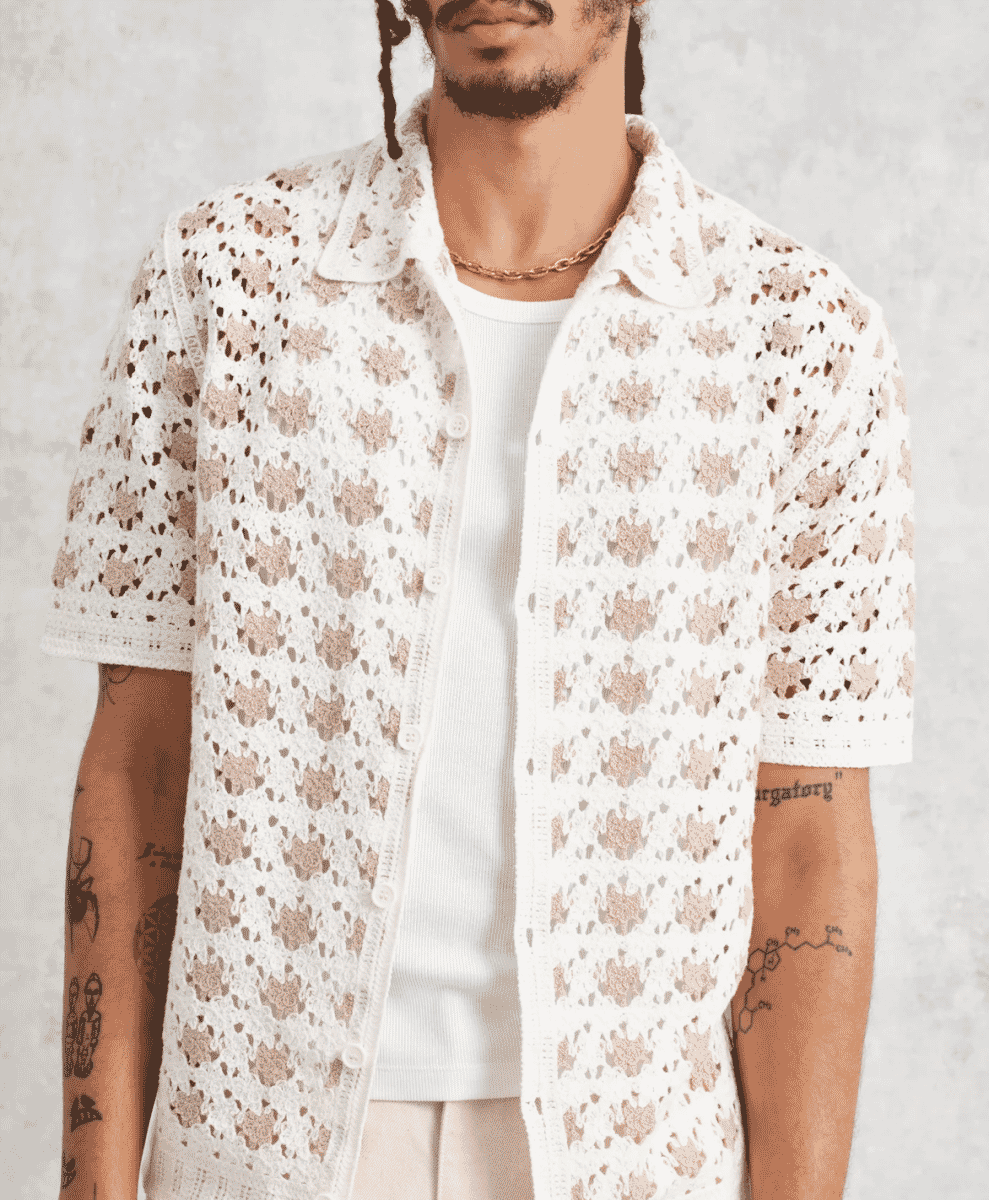 A close-up of a white short-sleeved crochet knit shirt worn over a white ribbed tank top.