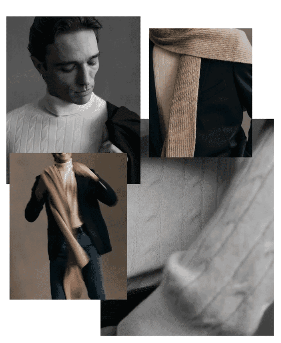 A collage of monochrome and sepia-toned images showing various winter menswear layers and textures.