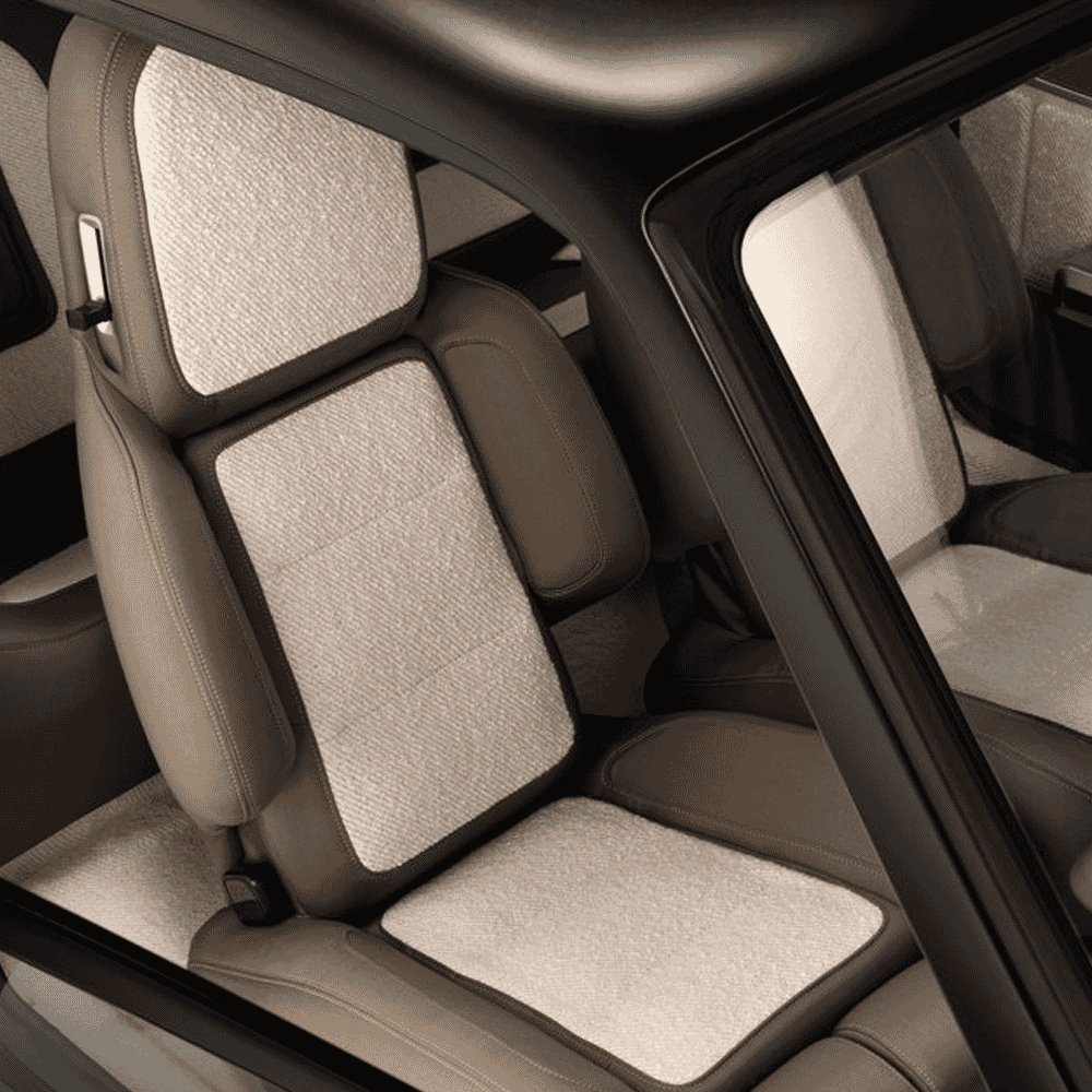 Close-up of beige textured bouclé seat upholstery in the Renault R17 concept.