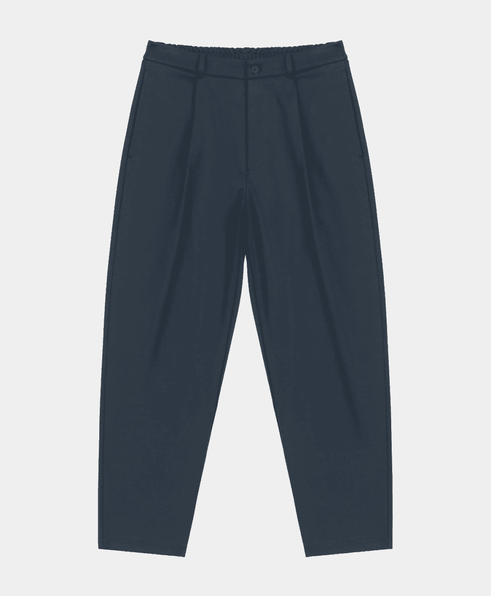 Flat lay of navy blue tapered trousers with a pleated front.