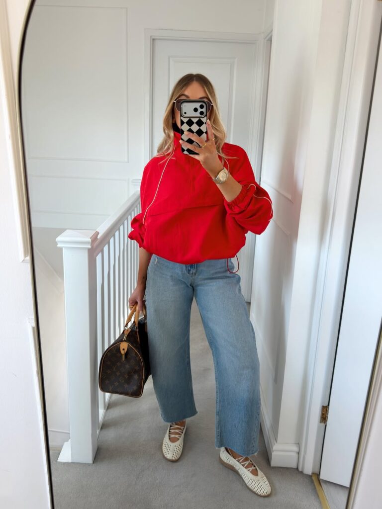 Modern outfit featuring barrel leg jeans and kitten heel slingback shoes