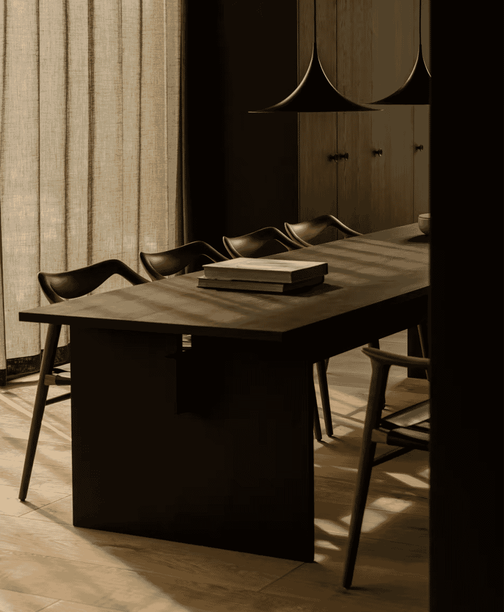 A minimalist dining room with dark wooden furniture, modern chairs, and ambient lighting.