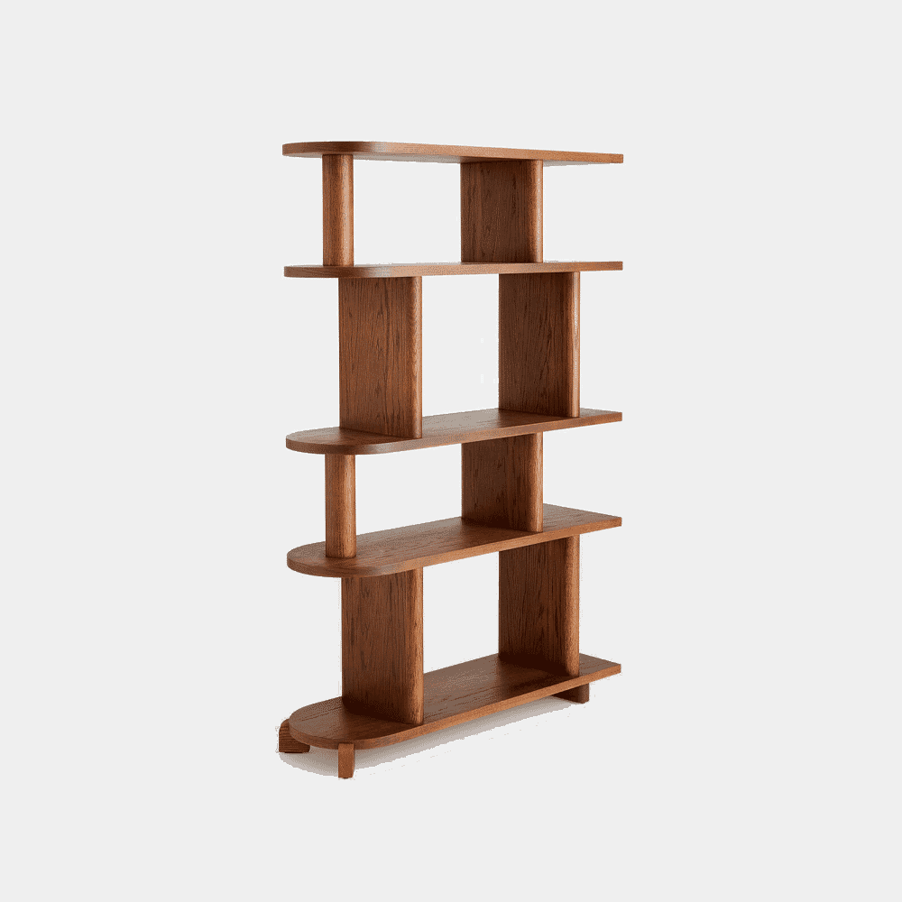 A modern wooden bookshelf with unique curved shelves and vertical supports against a white background.