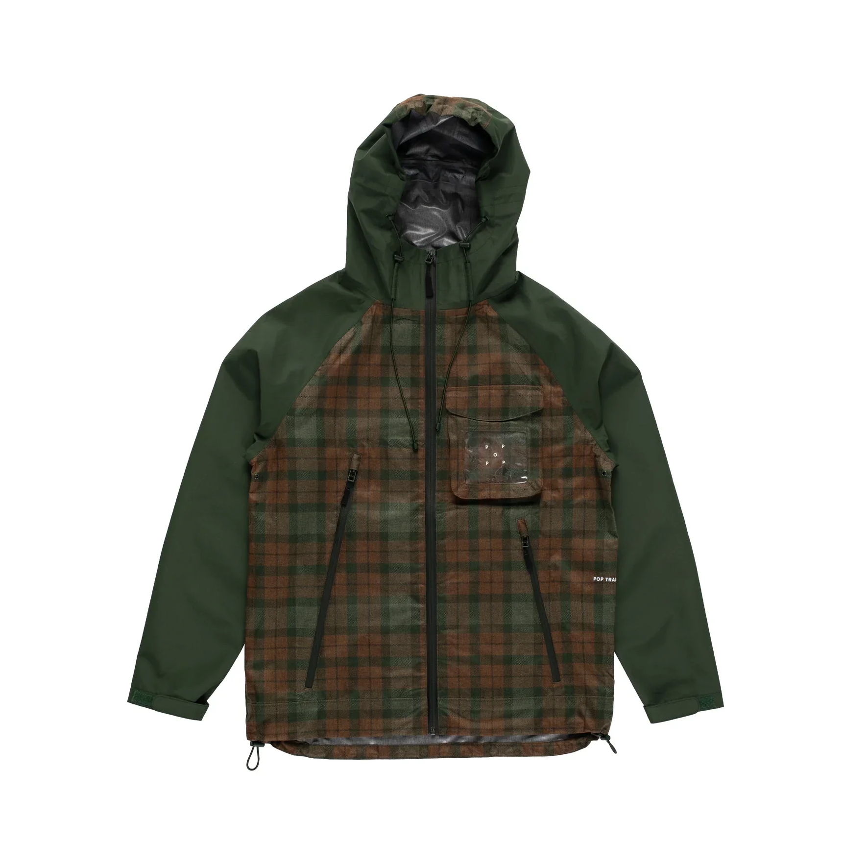 Men's hooded jacket featuring a green plaid front panel and olive green technical sleeves.