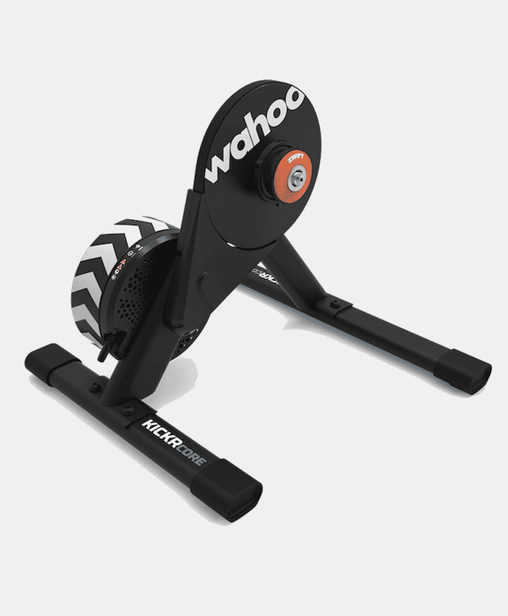 Wahoo Kickr Core smart indoor bike trainer with orange resistance dial.